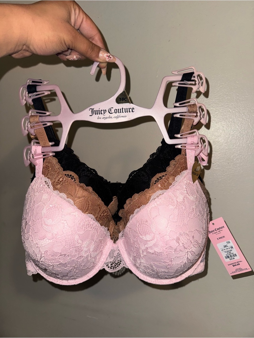 Juicy Couture Lace Push-Up Bra Trio - Light Pink, Brown, Black